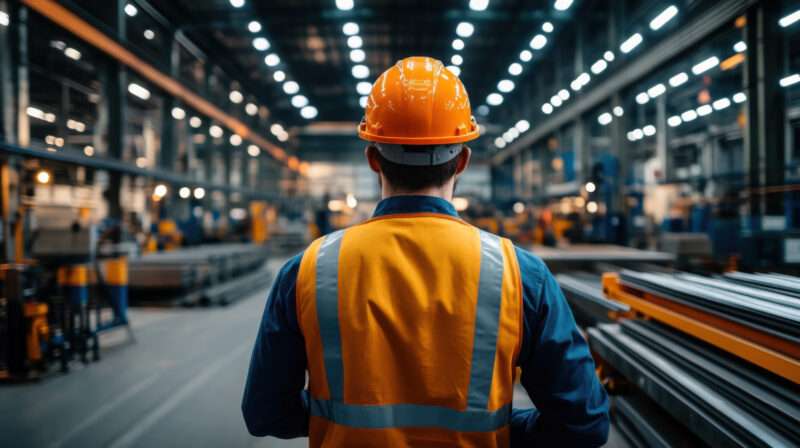 Back view of a factory worker in a hard hat and safety vest inspecting equipment in a brightly lit industrial facility.