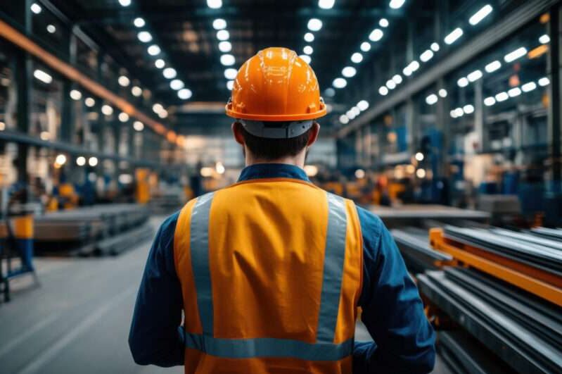 Back view of a factory worker in a hard hat and safety vest inspecting equipment in a brightly lit industrial facility.