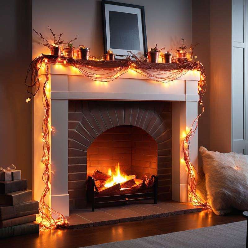 LED copper wire fairy lights around the fireplace - wrap the lights around the mantel or drape them along the edges of the fireplace for a subtle and elegant look.