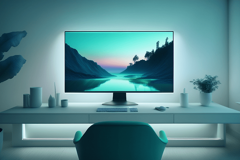 Blue Chair at a desk with a PC monitor with bias lighting behind it