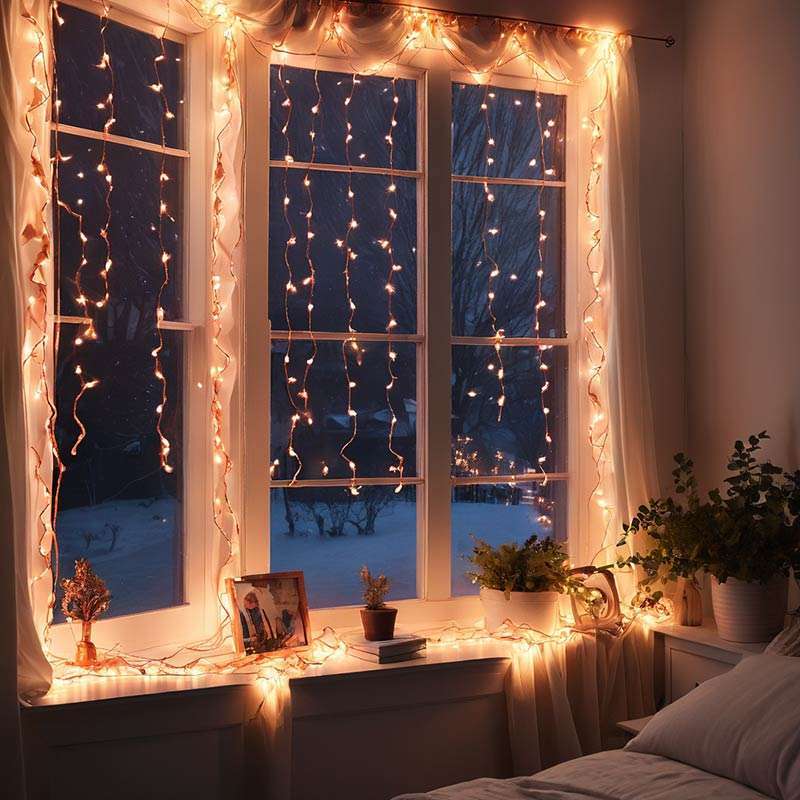 Place LED copper wire fairy lights around a window. Wrap the lights around the window frame or drape them along the curtains for a soft and dreamy effect.