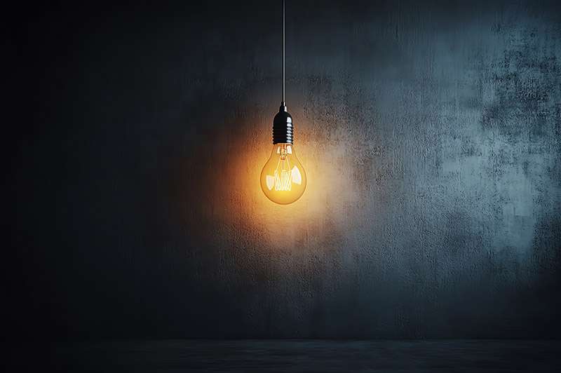 singular light fixture with lit light bulb.