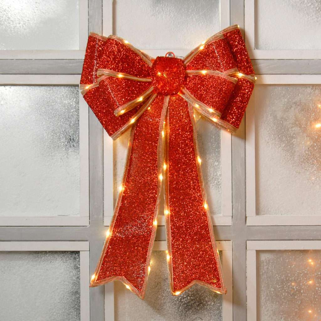 Festive Red Battery Operated indoor Christmas Door Bow with 84 Warm White LEDs