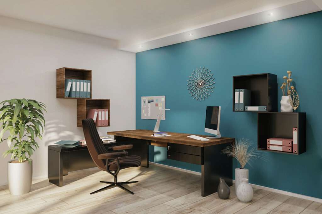 Workplace with on desk and bookcase in modern room - Render image