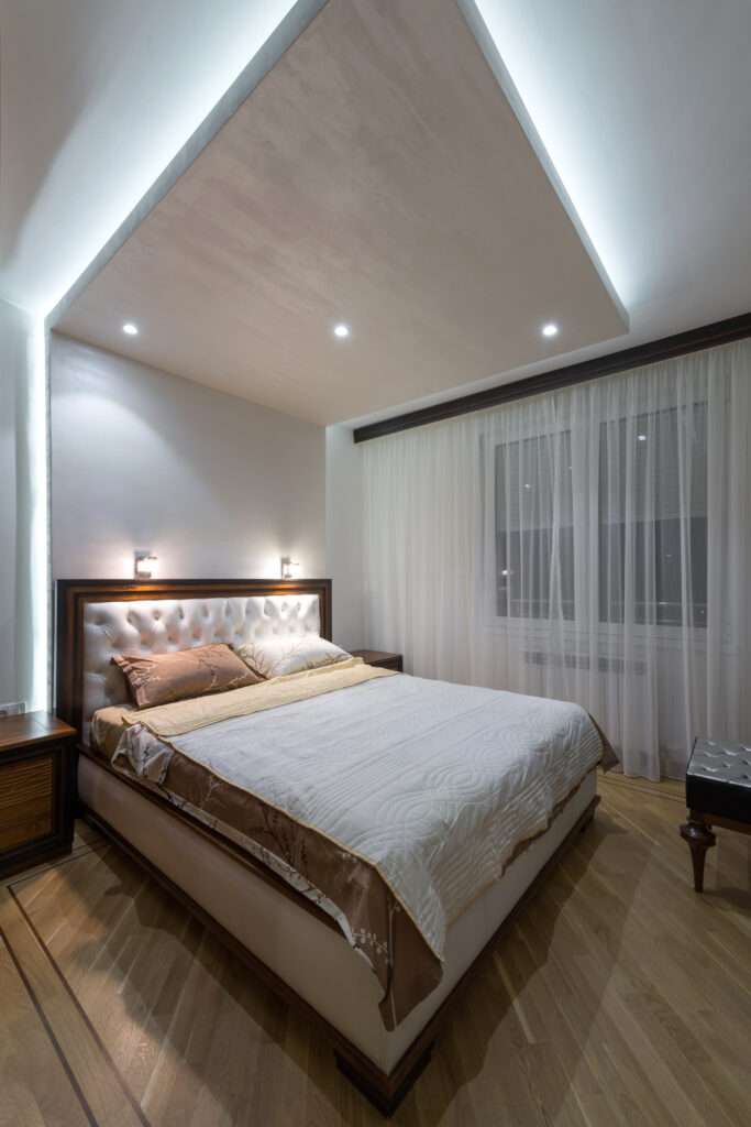 Modern bedroom interior, pastel colored