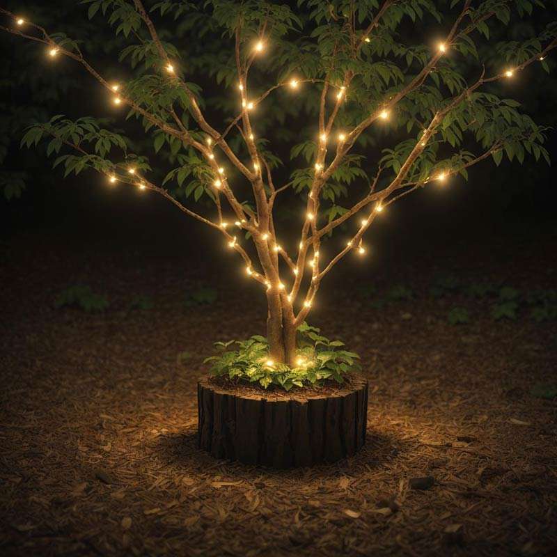 copper wire led fairy lights around tree