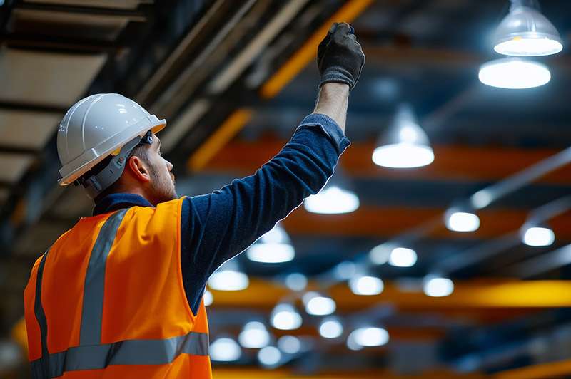 Man in orange hi-vis vest and white hardhat trying to get the attention of a co-worker, lighting sits in the background