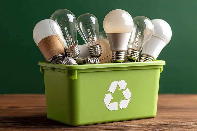 a variety of lightbulbs sit within a green box with the recycling symbol on it